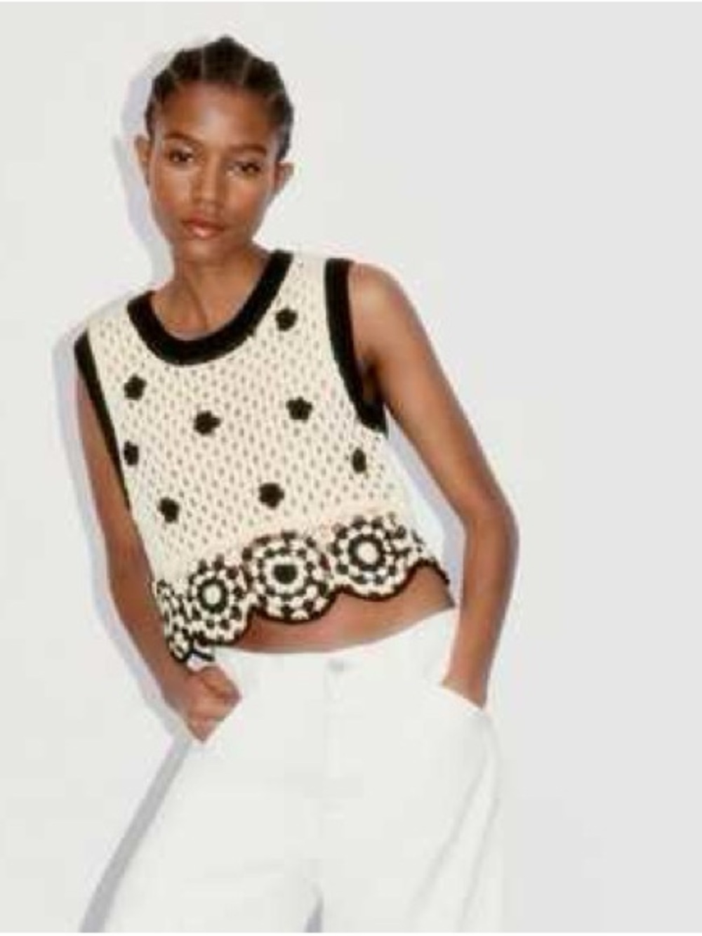 🖤 BUNULU 🖤Crochet Overlay Sleeveless Tank Top with Scalloped Hem 100 % Cotton
